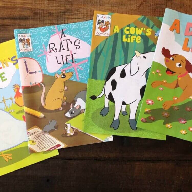 Four PETA Kids comic books about chickens, rats, cows, and dogs