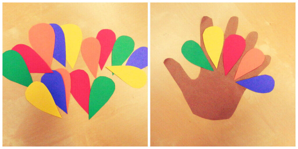 Two images: an assortment of colorful paper cut in teardrop shapes and then some of those papers glued a brown paper cut in a human-hand shape