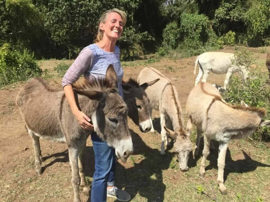 Tracy Reiman with donkeys at Animal Rahat