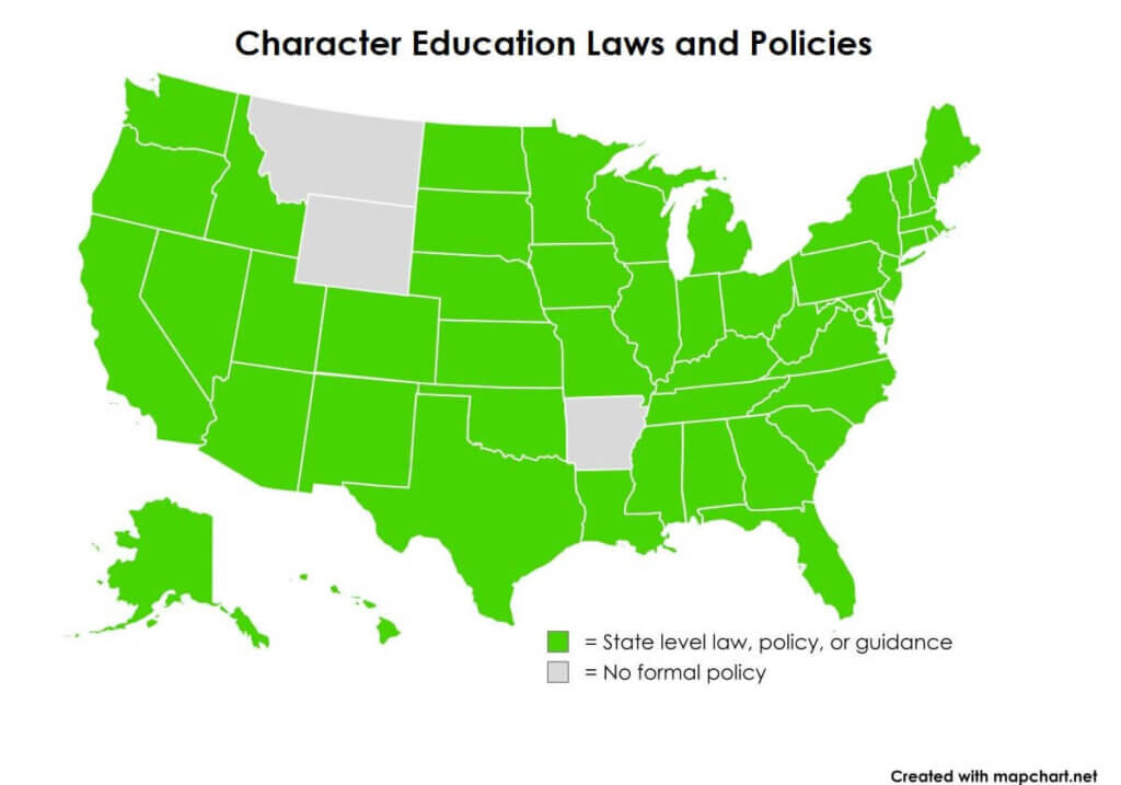 Character Education Laws & Policies map of the U.S.