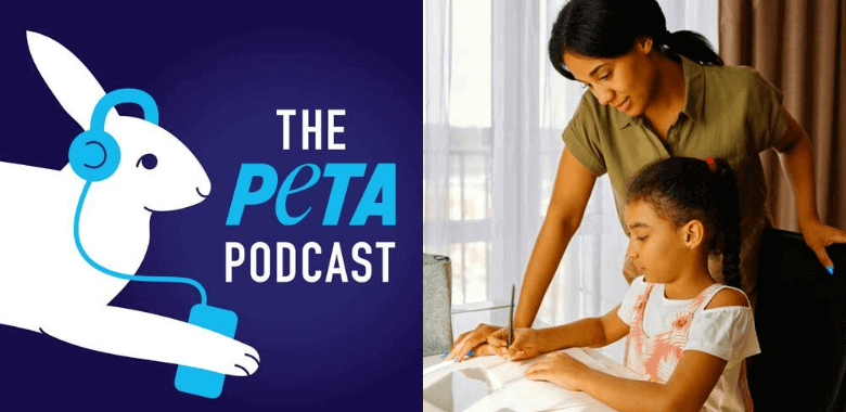 Podcast logo and adult helping young student with school work