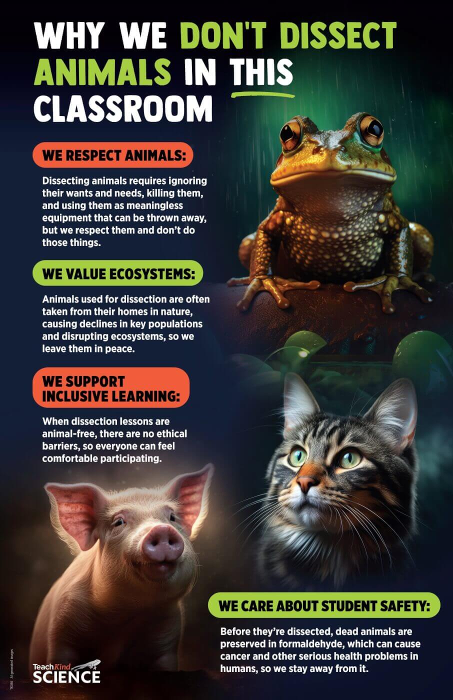 TeachKind Science Why We Don't Dissect Poster with frog, cat, pig, and informational text