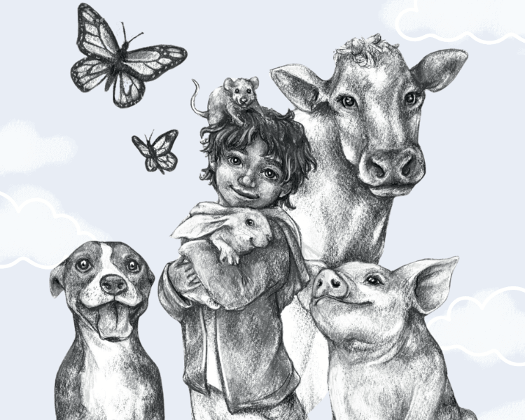 Book cover with child surrounded by animals