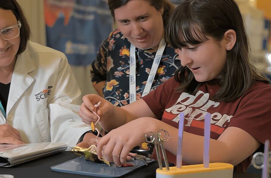 Photo of a student dissecting a KindFrog with teachers looking on