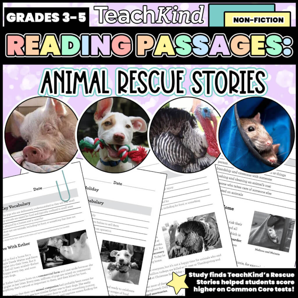 Graphic showing TeachKind's Reading Passages for Grades 3 through 5