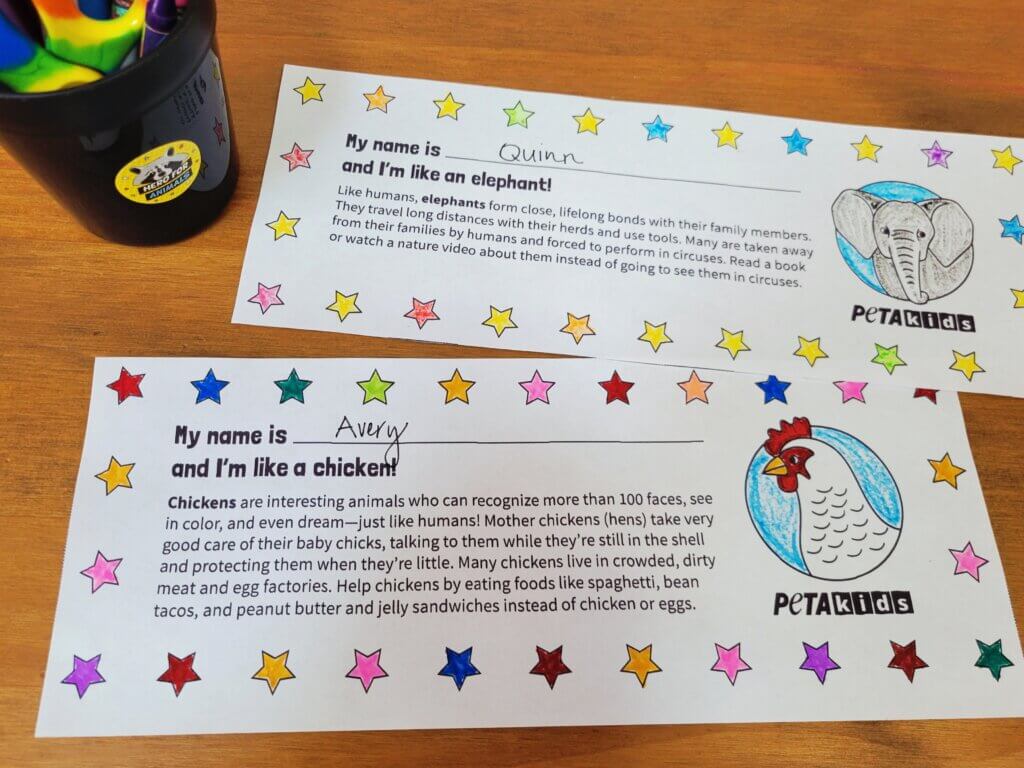 PETA Kids name plate examples for TeachKind's Like You, Only Different Activity