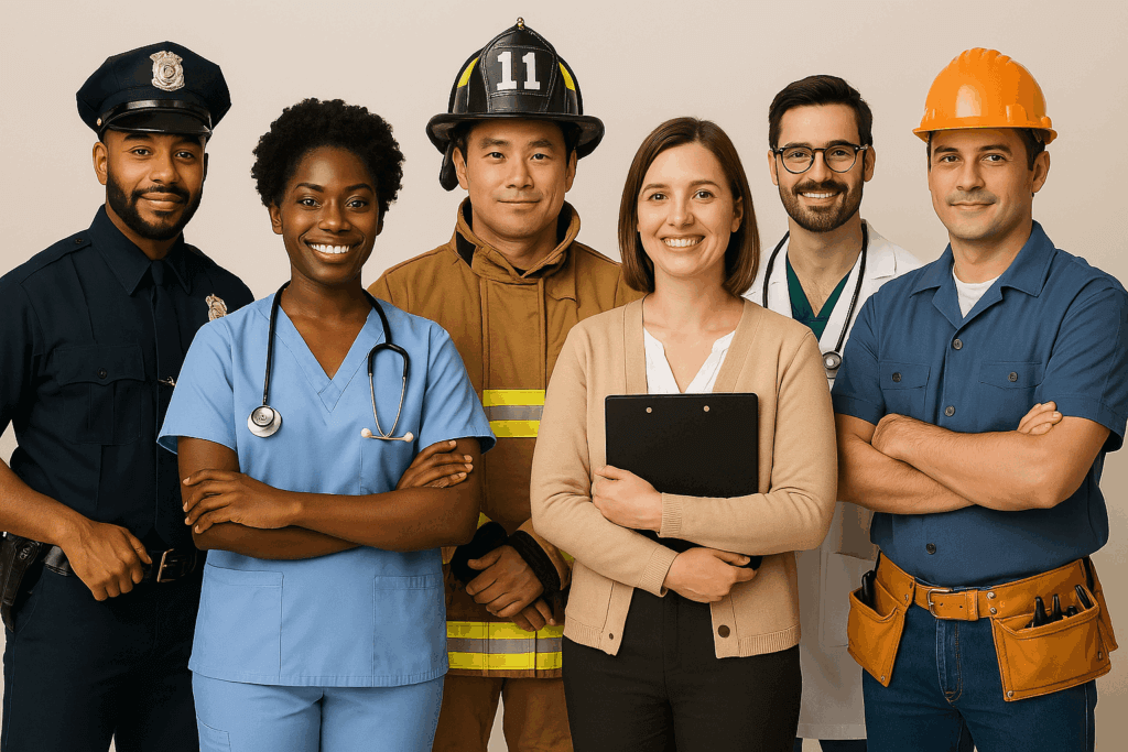 Community helpers, police, nurse, firefighter, teacher, doctor, and electrician
