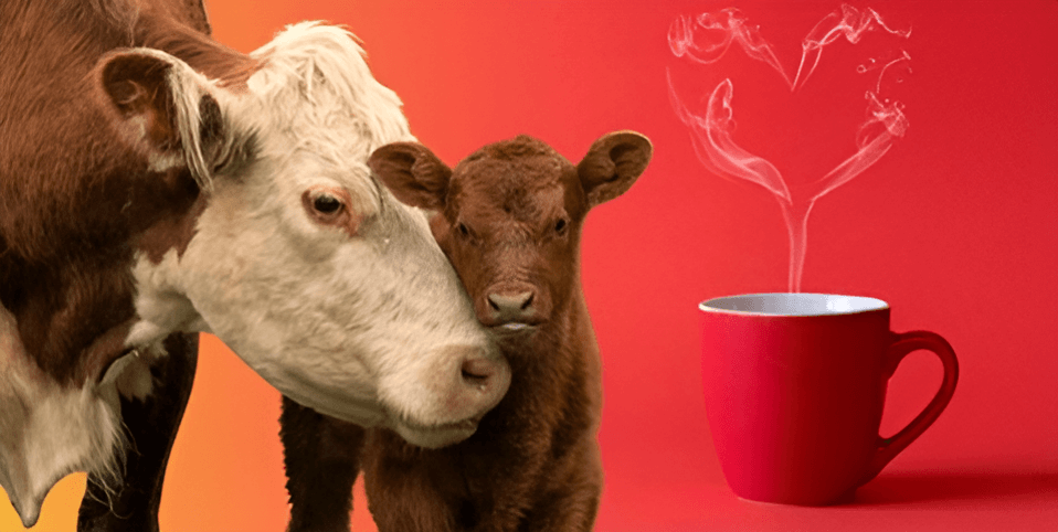 calf and cow next to coffee cup with heart steam feature