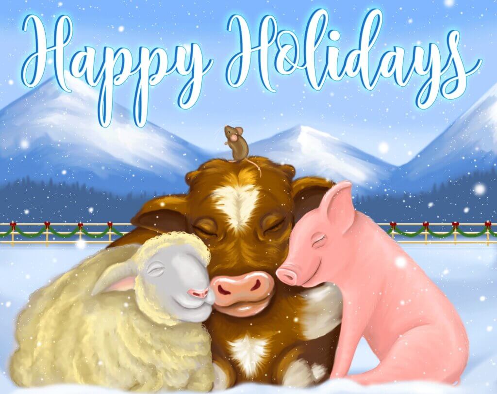 A cow, sheep, pig, and a mouse snuggle together lovingly in the snow, with mountains behind them and the message "Happy Holidays" written above.