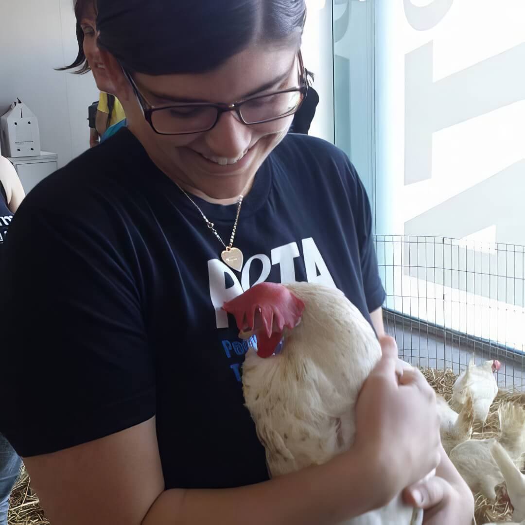PETA Staff member with Chicken