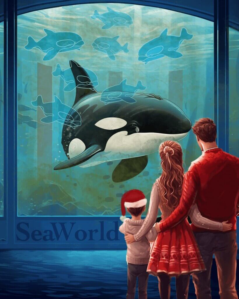 Illustration depicting an orca looking longingly out from their small tank toward a family dressed in Christmas attire.