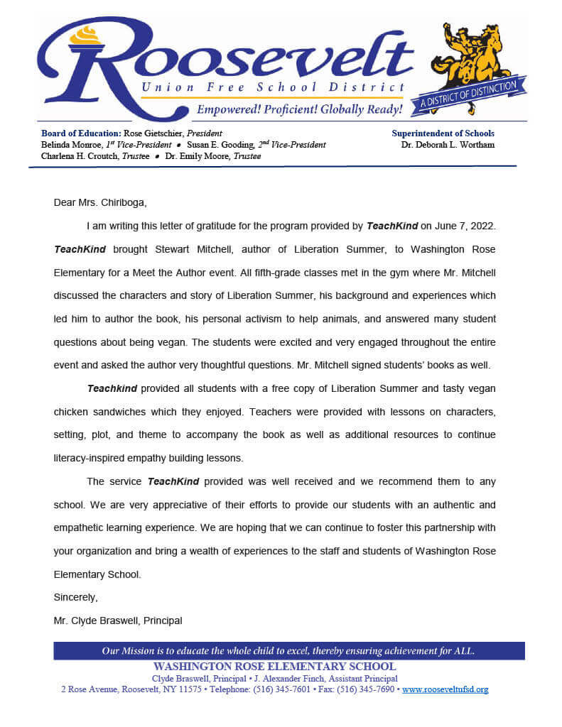 Letter to TeachKind from Washington Rose Elementary School