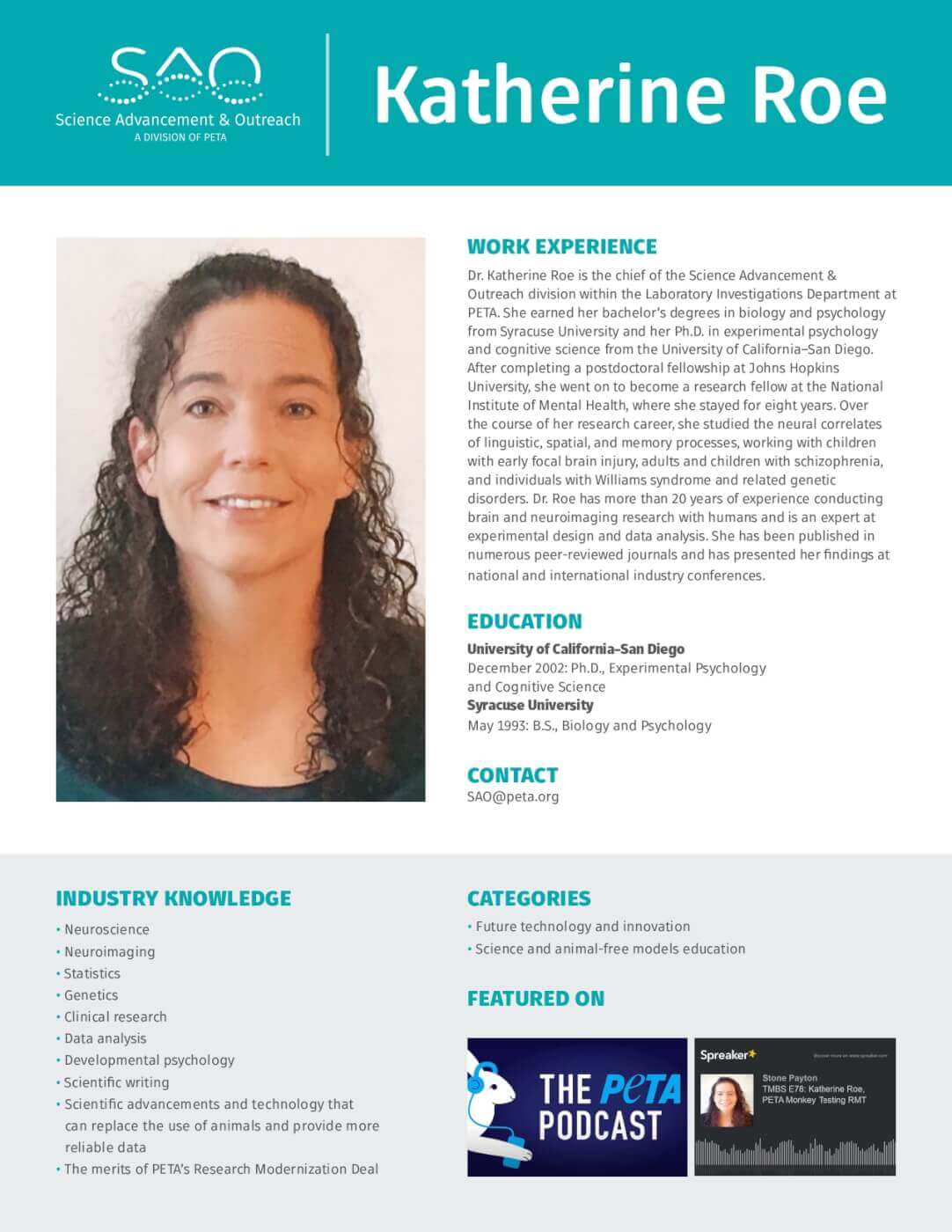 Dr. Katherine Roe's work experience, education, and contact info