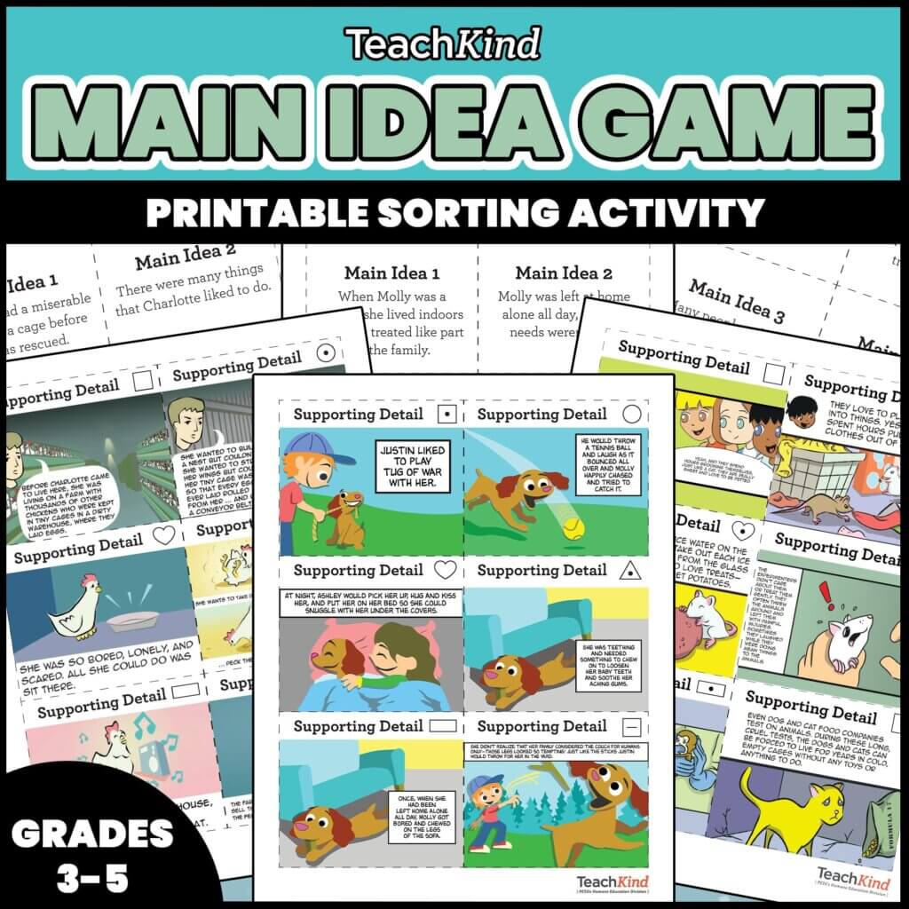 Main idea game printable sorting activity for grades 3-5.