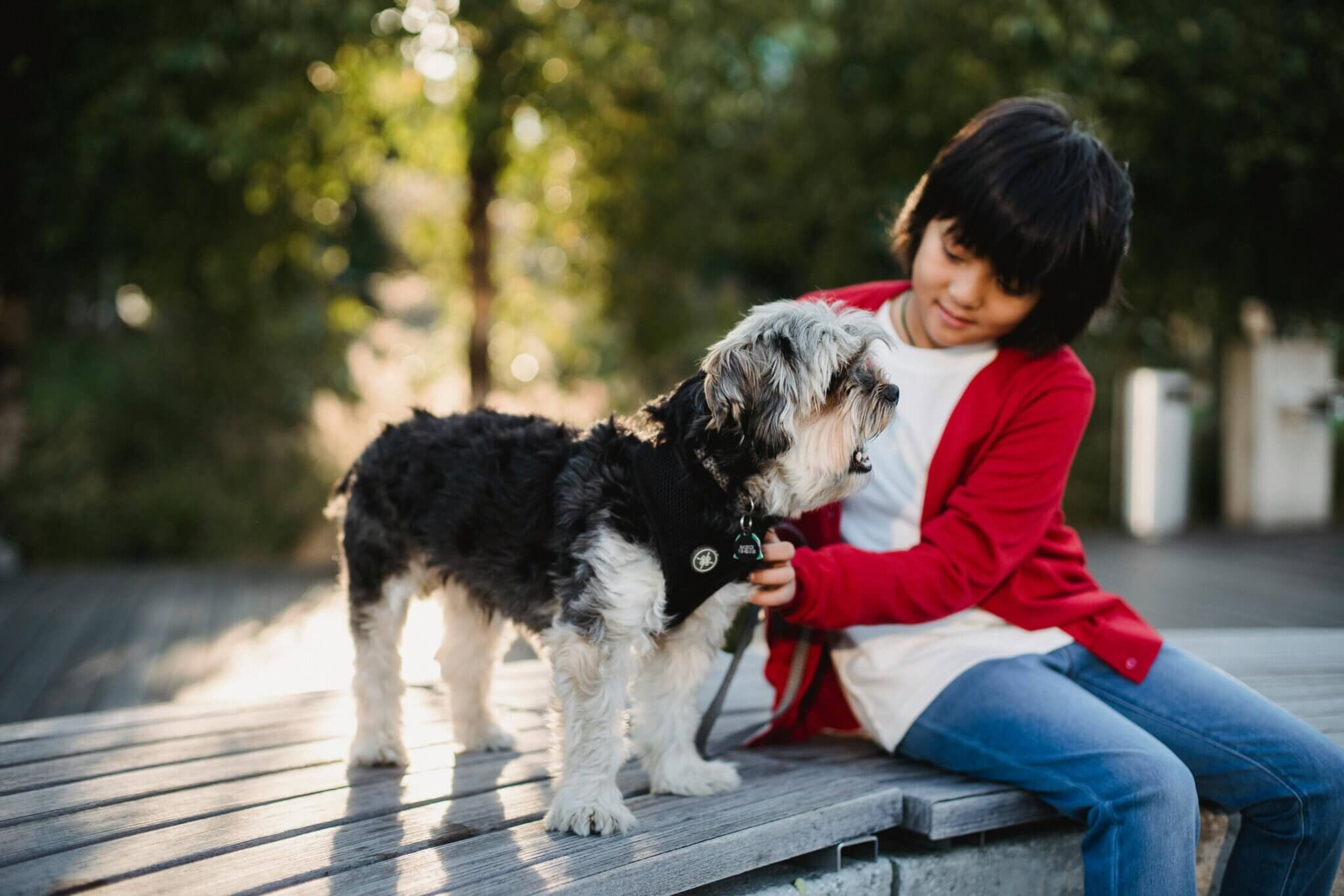 child sitting on a bench with a dog outside
