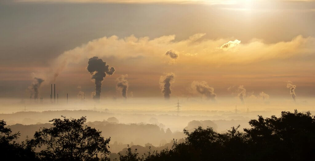 View of air pollution at sunrise or sunset