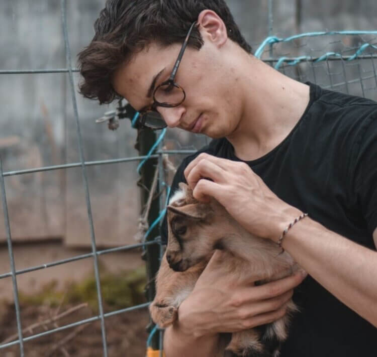 A young person holding a small brown goat, gently rubbing their head.