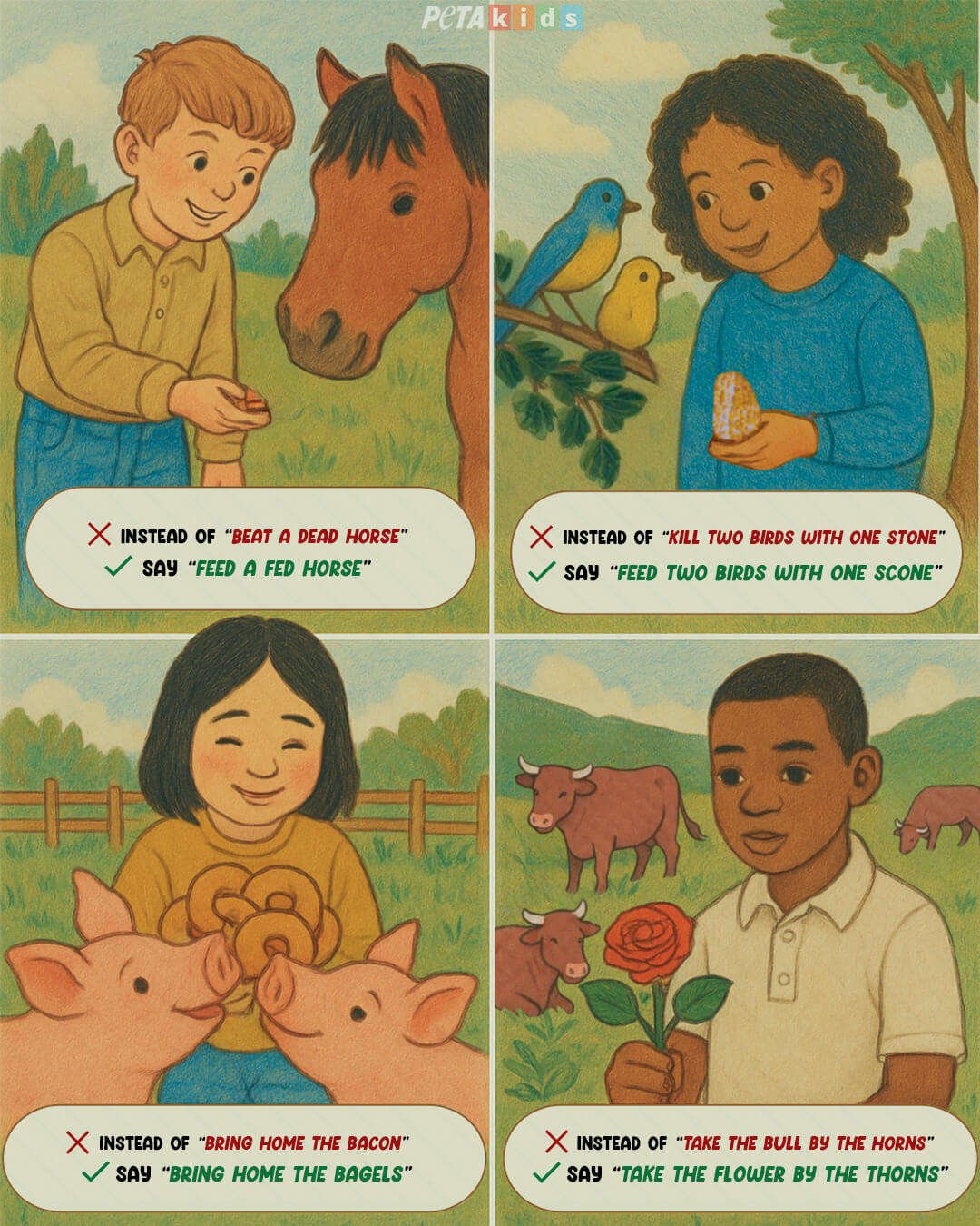 Illustration showcasing four animal-friendly idioms