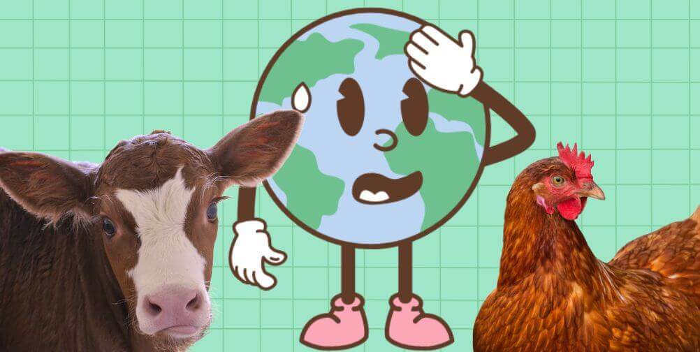 cow and chicken on either side of a sweating planet cartoon with a green grid background