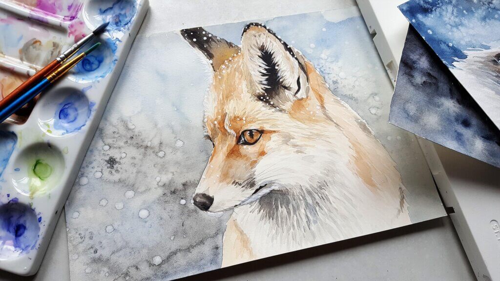 Watercolor drawing of a fox