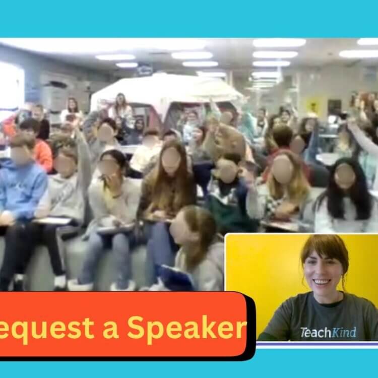 Students excitedly raise their hands while meeting virtually with a TeachKind staffer
