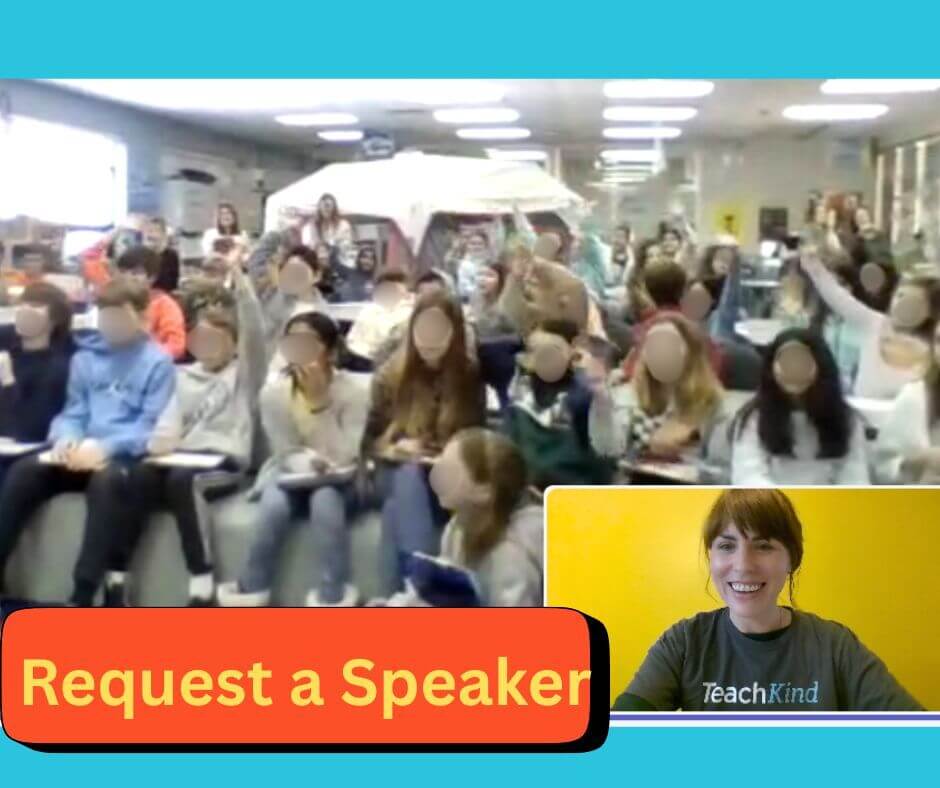 Students excitedly raise their hands while meeting virtually with a TeachKind staffer