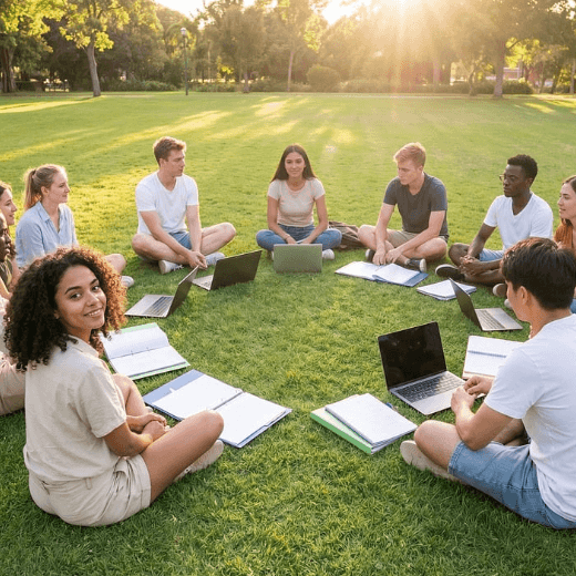 Students sitting in circle, collaborating