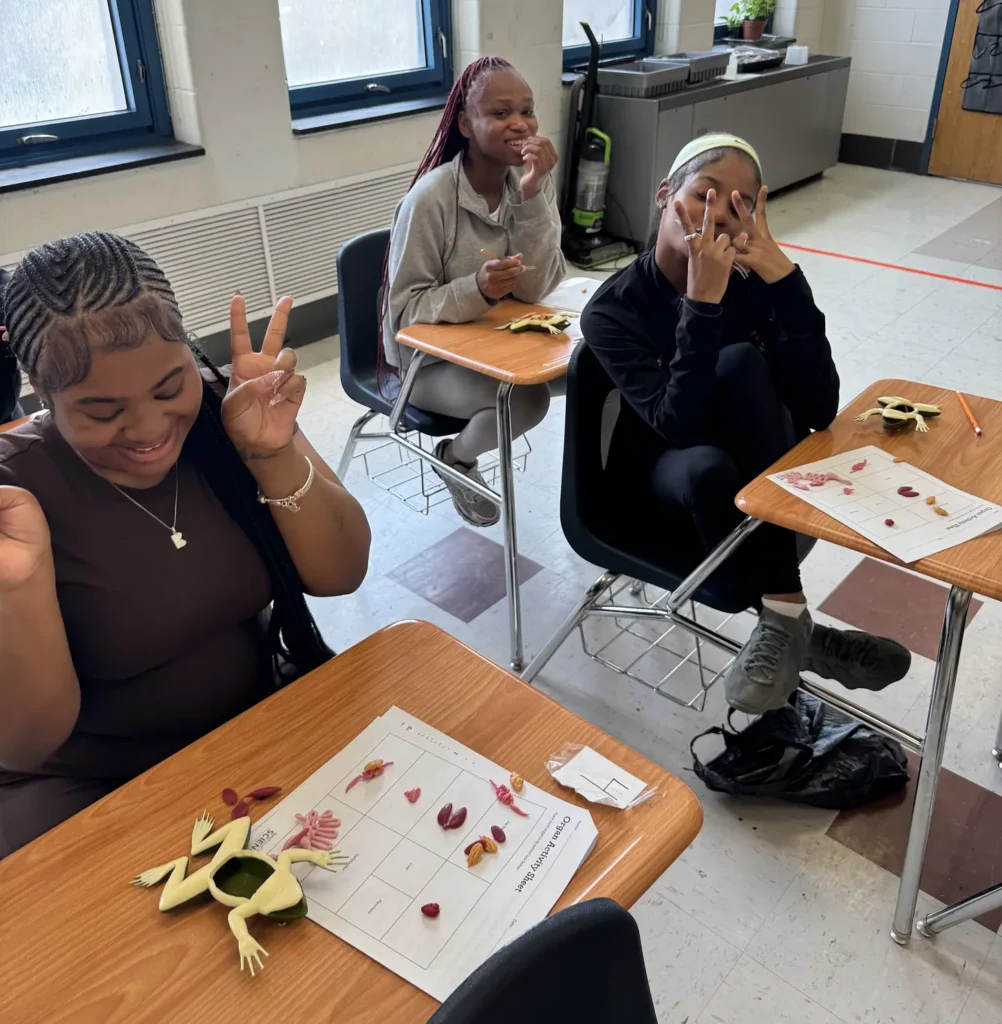 Three high school students working on Kind Frog lesson.