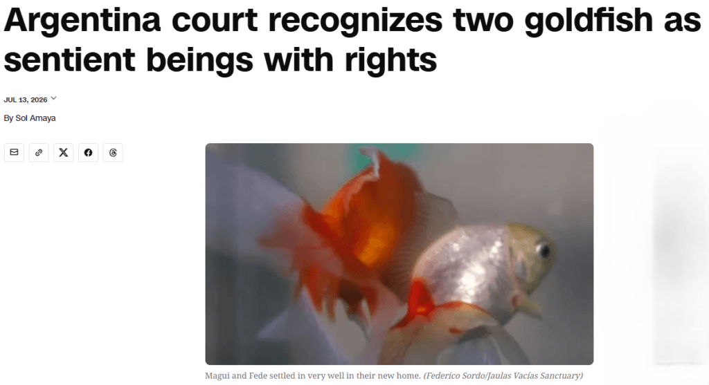 CNN news article: "Argentina court recognizes two goldfish as sentient beings with rights"